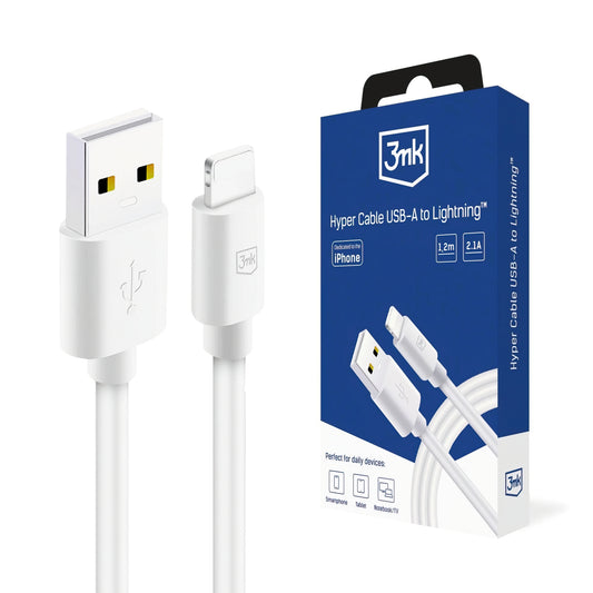 USB-A - Lightning 3MK Hyper -data- ja latauskaapeli, 12W, 1.2m, Valkoinen