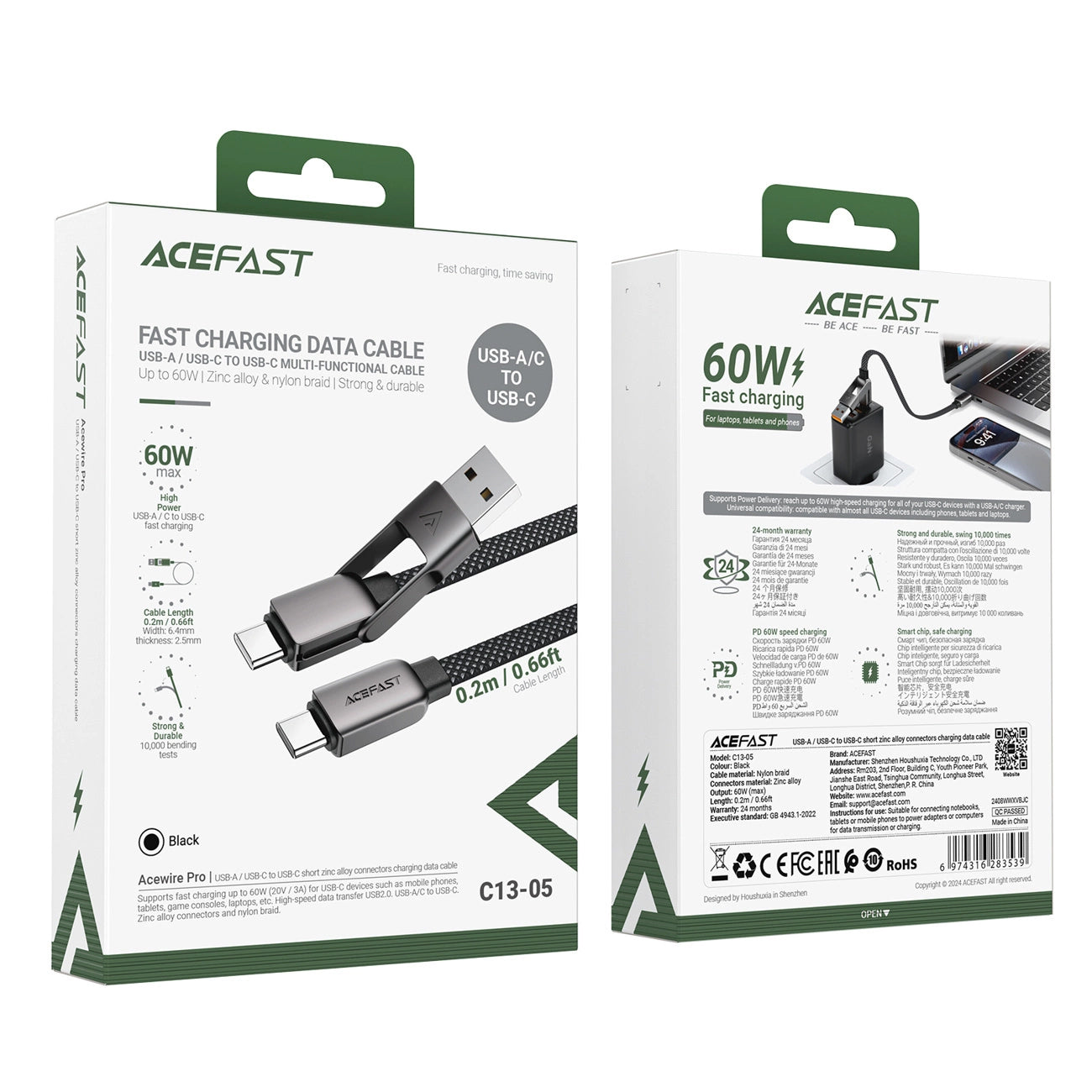USB-C - USB-A / USB-C Acefast C13-05 -kaapeli, 60W, 0.2m, Musta