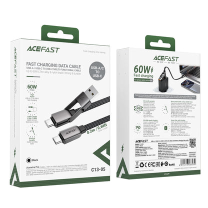 USB-C - USB-A / USB-C Acefast C13-05 -kaapeli, 60W, 0.2m, Musta