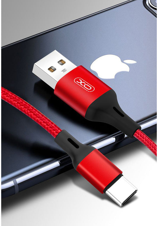 USB-A - USB-C -lataus- ja tiedonsiirtokaapeli XO Design NB143, 18W, 2m, Punainen