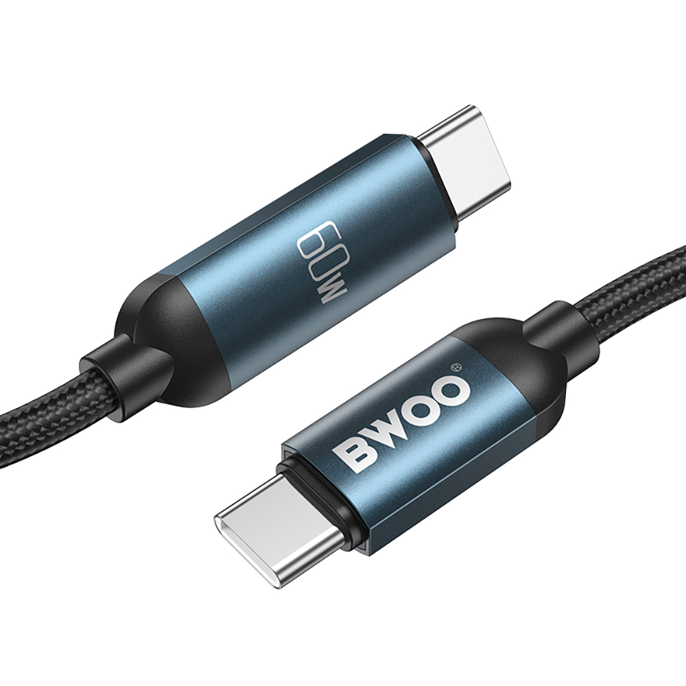 USB-C - USB-C BWOO BO-X304 Led -kaapeli tiedonsiirtoon ja lataukseen, 60W, 1m, musta