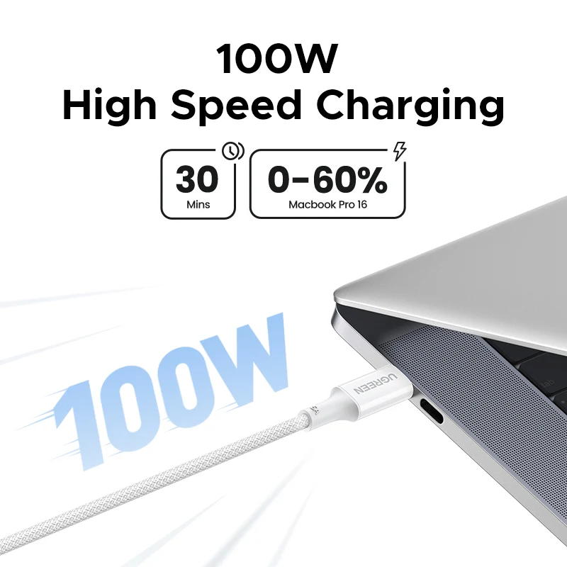 USB-C-tietojen ja latauksen kaapeli - USB-C UGREEN L502 (35221), 100W, 2m, valkoinen