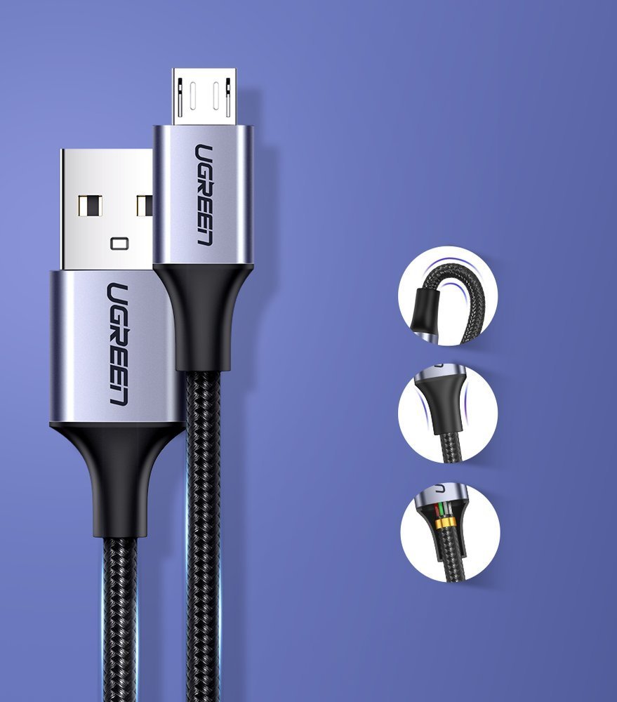 USB-A - microUSB UGREEN US290 -data- ja latauskaapeli, 18W, 1.5m, Musta