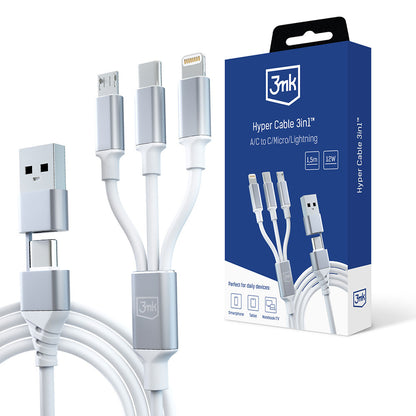 USB-A / USB-C - Lightning / microUSB / USB-C 3MK Hyper 3in1 -latauskaapeli, 12W, 1.5m, Valkoinen