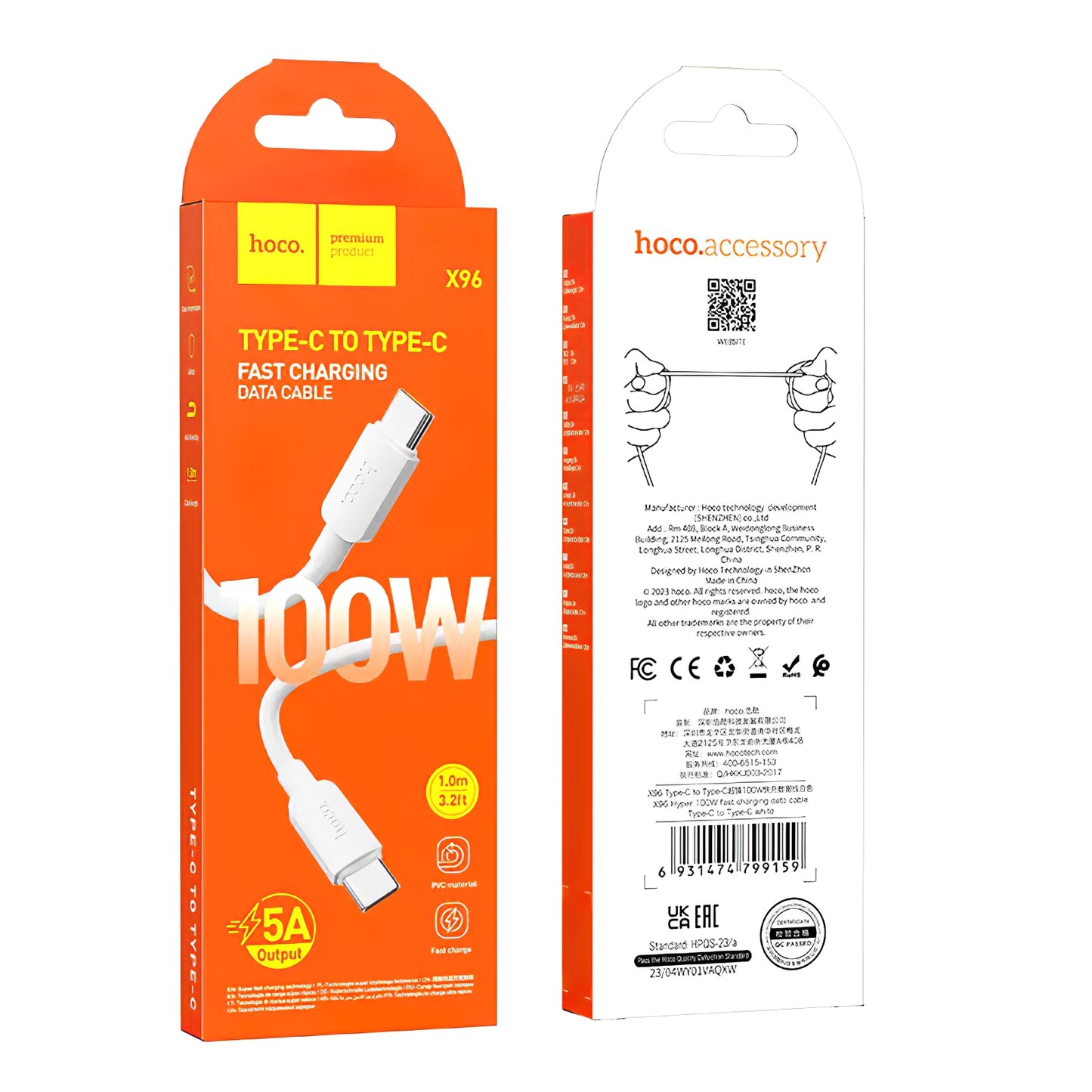 USB-C - USB-C HOCO X96 Data- ja latauskaapeli, 100W, 1m, Valkoinen