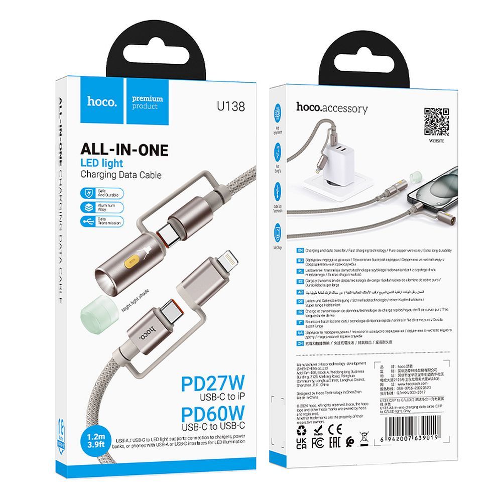 USB-C / Lightning - USB-C / Led HOCO U138 -kaapeli, 60W, 1.2m, Harmaa