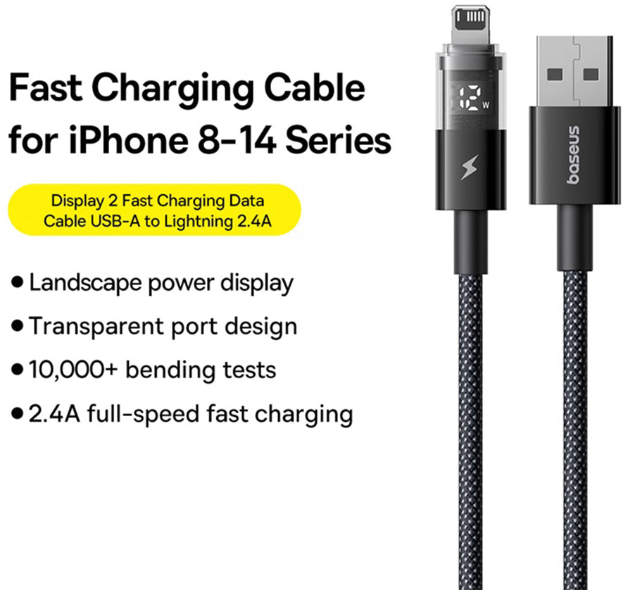 Baseus Display 2 USB-A - Lightning -data- ja latauskaapeli, 18W, 1m, Musta P10382700121-00