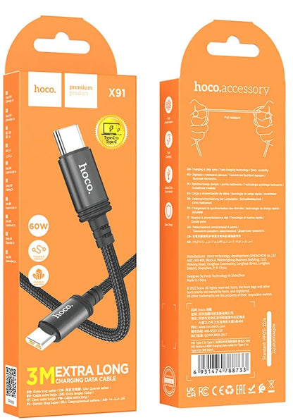 USB-C - USB-C HOCO X91 Data- ja latauskaapeli, 60W, 3m, Musta