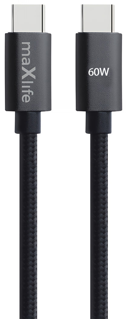 USB-C - USB-C -kaapeli ja laturi MaXlife MXUC-12, 60W, 2m, Musta