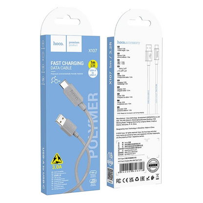 USB-A - USB-C HOCO X107 Data- ja latauskaapeli, 18W, 1m, Valkoinen