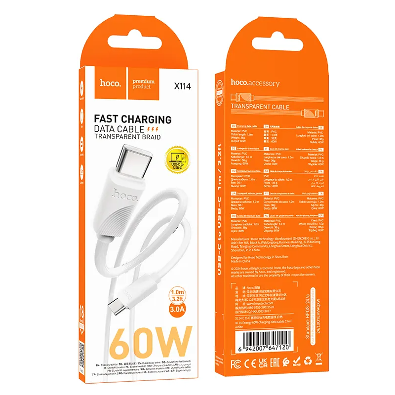 USB-C-tietojen ja latauskaapeli - USB-C HOCO X114, 60W, 1m, Valkoinen