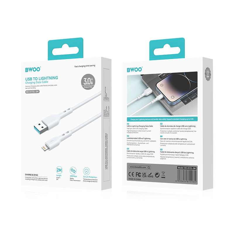 USB-A - Lightning -tietojen ja latauskaapeli BWOO BO-X172L-2M, 15W, 2m, valkoinen