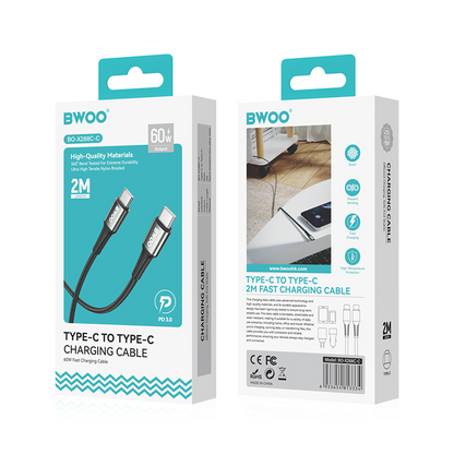USB-C - USB-C BWOO BO-X288C-C -tietojen ja latauksen kaapeli, 60W, 1m, Musta