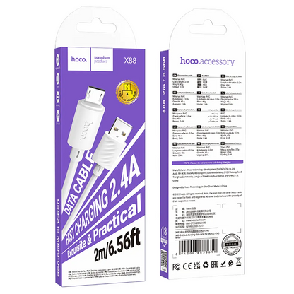 USB-A - microUSB HOCO X88 -tietojen siirto- ja latauskaapeli, 18W, 2m, valkoinen