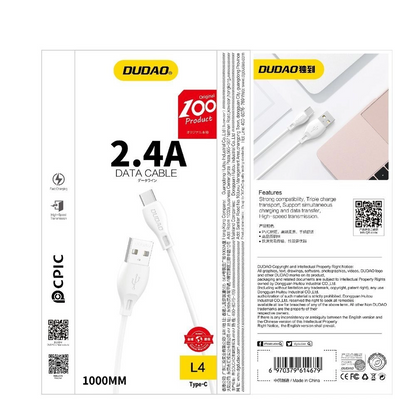 USB-A - Lightning Dudao L4L -tietojen siirto- ja latauskaapeli, 18W, 1m, valkoinen
