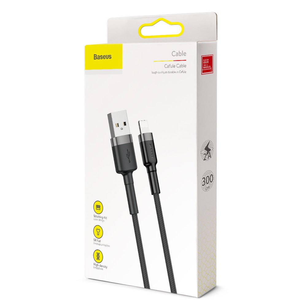 USB-A - Lightning Baseus Cafule -data- ja latauskaapeli, 18W, 3m, Harmaa CALKLF-RG1