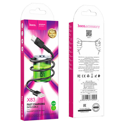 USB-A - USB-C HOCO X83 Victory -data- ja latauskaapeli, 20W, 1m, Musta