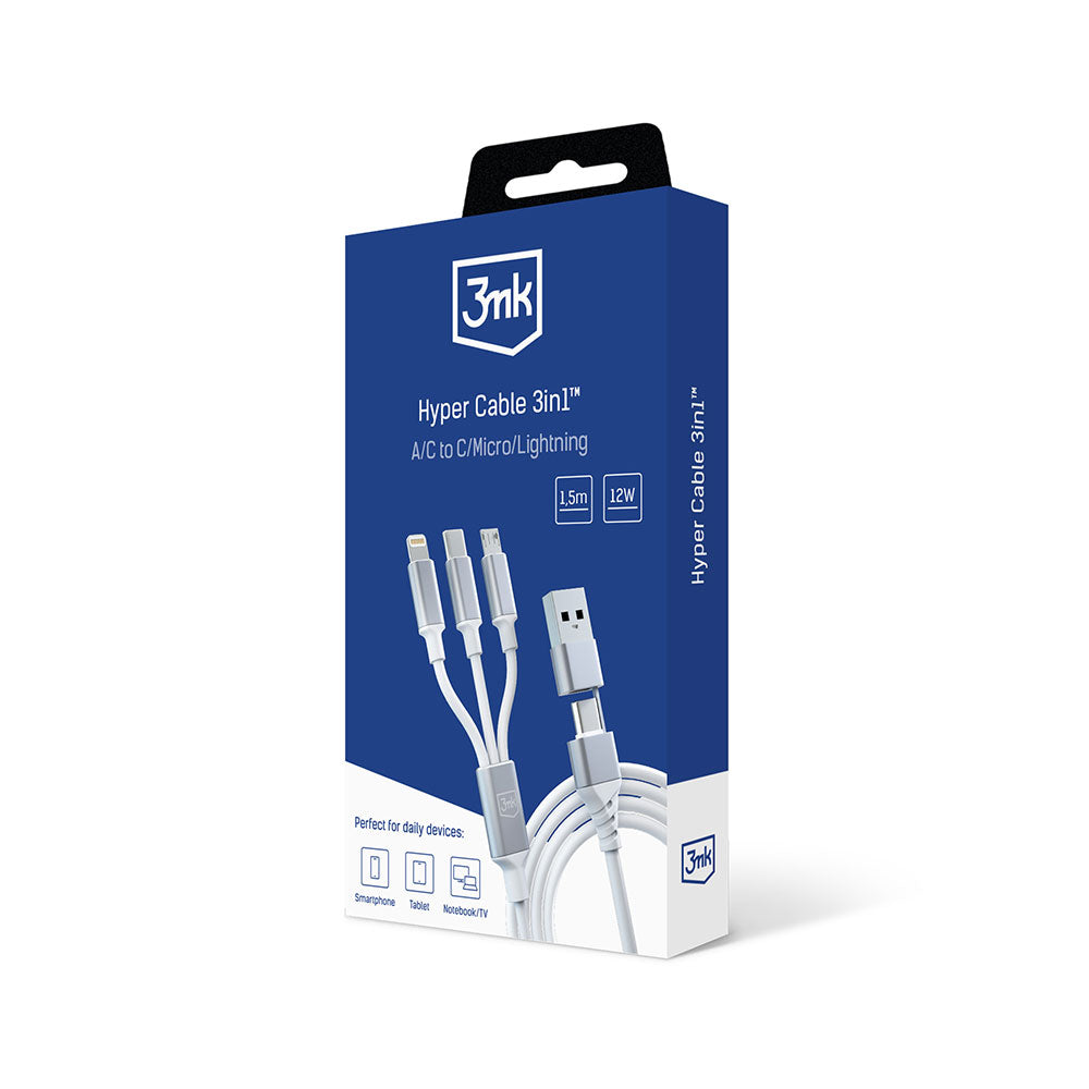 USB-A / USB-C - Lightning / microUSB / USB-C 3MK Hyper 3in1 -latauskaapeli, 12W, 1.5m, Valkoinen