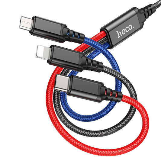 USB-A - Lightning / microUSB / USB-C HOCO X76 3in1 latauskaapeli, 18W, 1m, monivärinen