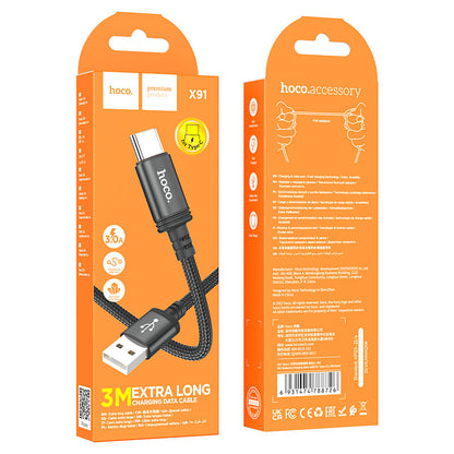 USB-A - USB-C HOCO X91 Data- ja Latauskaapeli, 18W, 3m, Musta