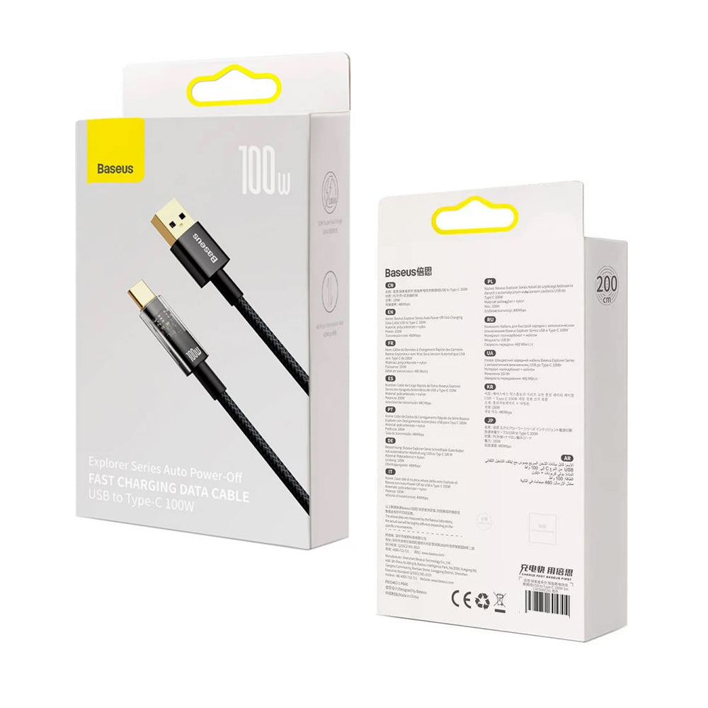USB-A - USB-C Data- ja Latauskaapeli Baseus Explorer, 100W, 2m, Musta CATS000301