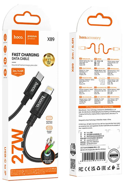 USB-C - Lightning HOCO X89 -data- ja latauskaapeli, 27W, 2m, Musta