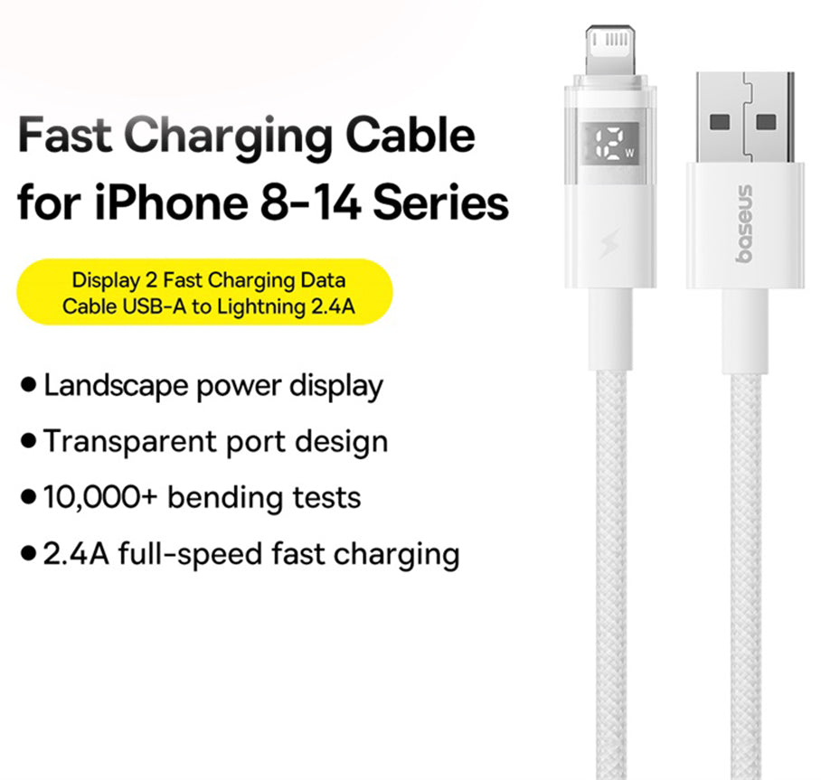 USB-A - Lightning Baseus Display 2 -data- ja latauskaapeli, 18W, 1m, Valkoinen P10382700211-00