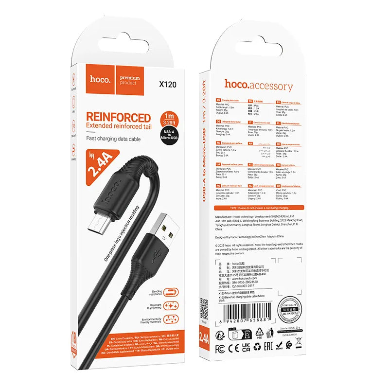 USB-A - microUSB HOCO X120 -data- ja latauskaapeli, 18W, 1m, Musta