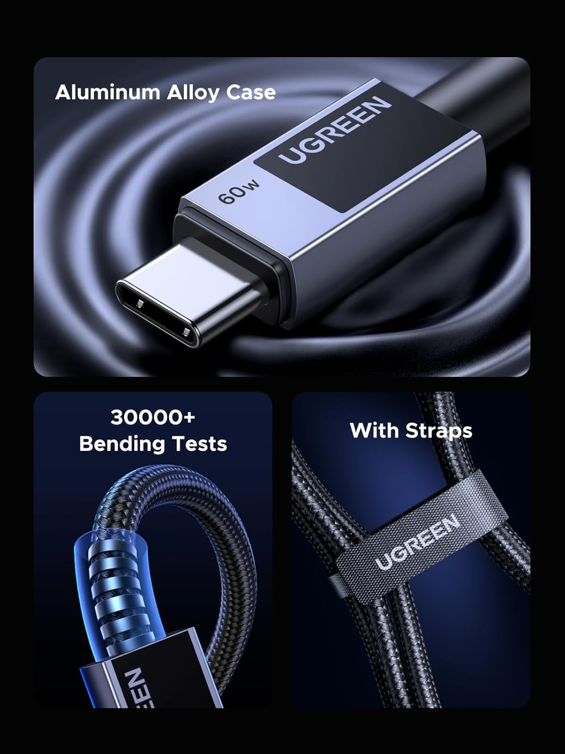 USB-C - USB-C UGREEN L524 -data- ja latauskaapeli, 60W, 2m, Harmaa