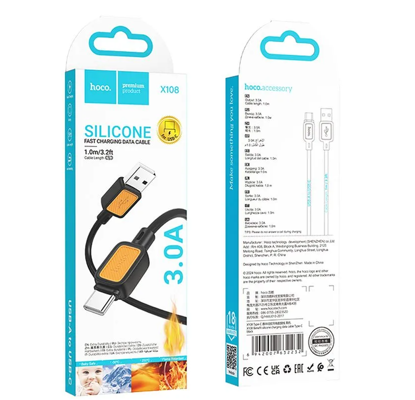 USB-A - USB-C HOCO X108 Data- ja Latauskaapeli, 18W, 1m, Musta