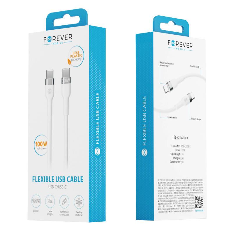 USB-C - USB-C Forever Flexible -data- ja latauskaapeli, 100W, 2m, Valkoinen