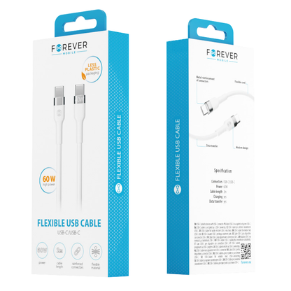 USB-C - USB-C Forever Flexible -data- ja latauskaapeli, 60W, 2m, Valkoinen