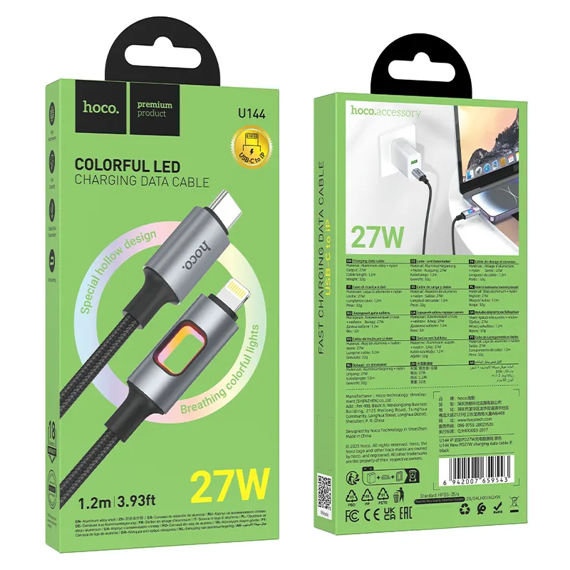 USB-C - Lightning Tietojen ja Latauksen Kaapeli HOCO U144 Led, 27W, 1,2m, Musta