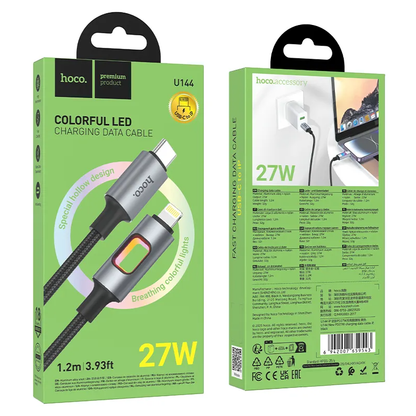 USB-C - Lightning Tietojen ja Latauksen Kaapeli HOCO U144 Led, 27W, 1,2m, Musta
