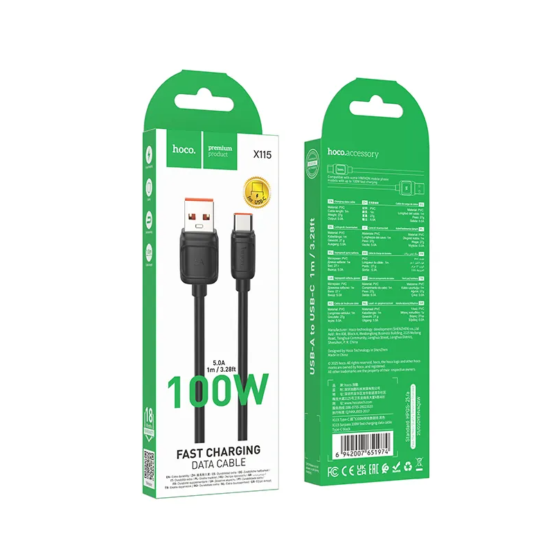 USB-A - USB-C Tietojen ja Latauksen Kaapeli HOCO X115, 100W, 1m, Musta