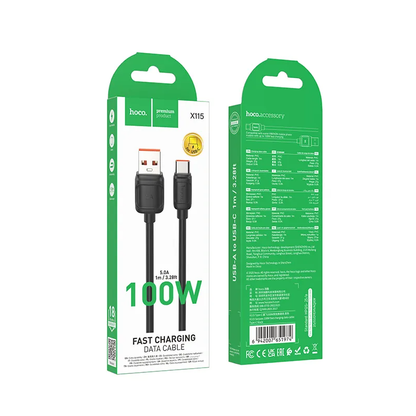 USB-A - USB-C Tietojen ja Latauksen Kaapeli HOCO X115, 100W, 1m, Musta