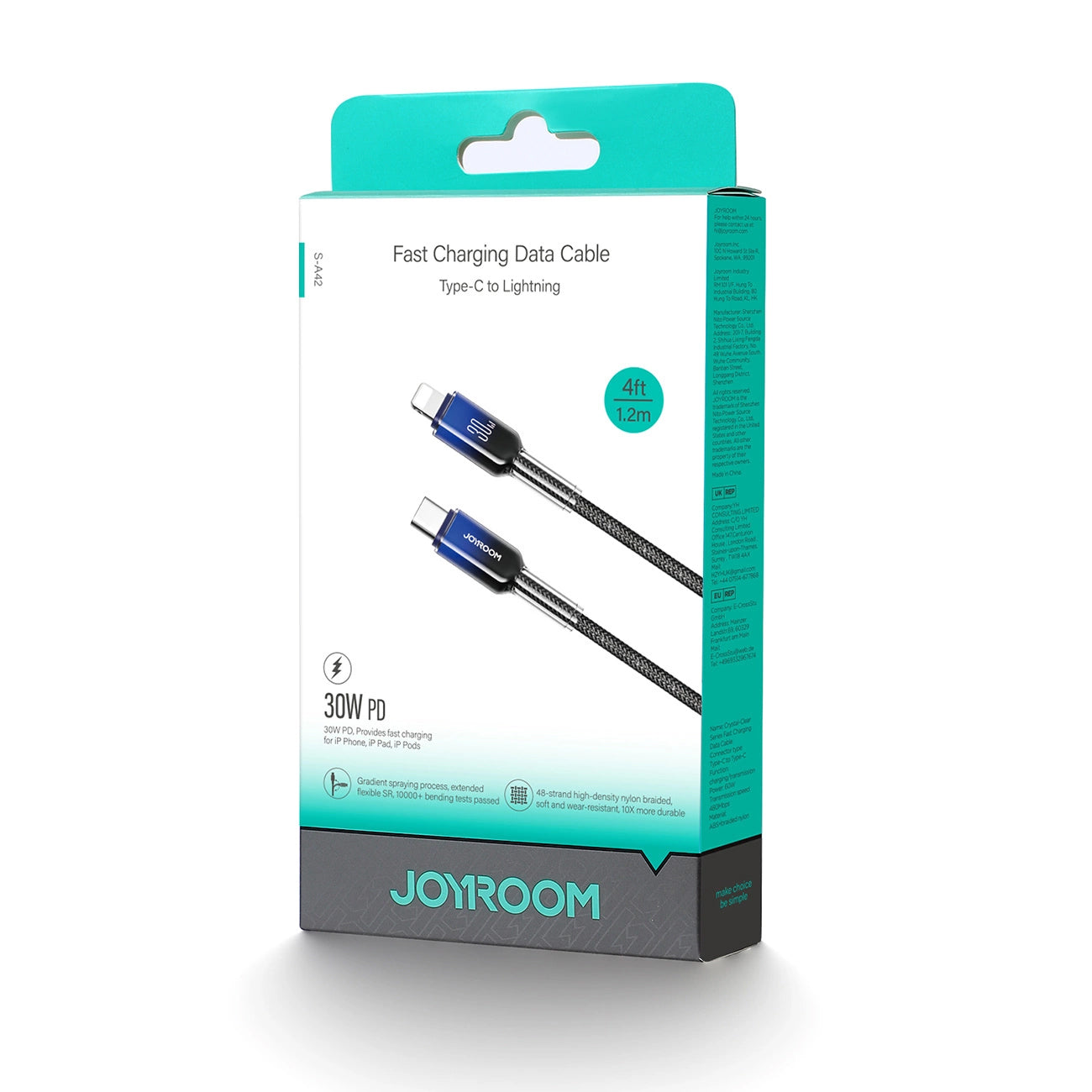 USB-C - Lightning Tietojen ja Latauksen Kaapeli Joyroom S-A42, 30W, 1,2m, Musta