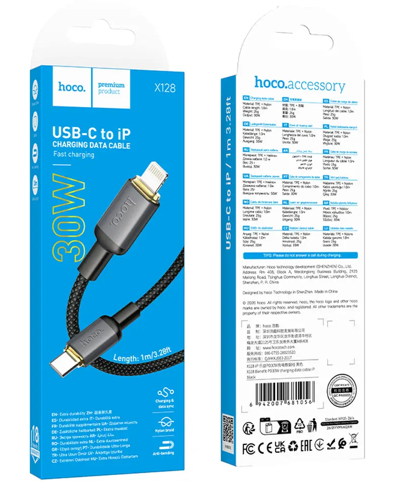 USB-C - Lightning HOCO X128 Benefit -tietojen siirto- ja latauskaapeli, 30W, 1m, musta