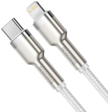 Tieto- ja latauskaapeli USB-C - Lightning Baseus Cafule Metal Series, 20W, 1m, valkoinen CATLJK-A02