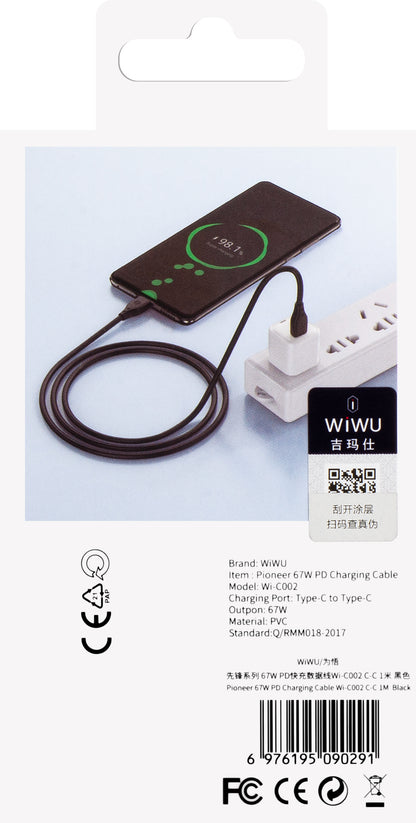USB-C data- ja latauskaapeli - USB-C WiWu Wi-C002, 67W, 1m, musta 