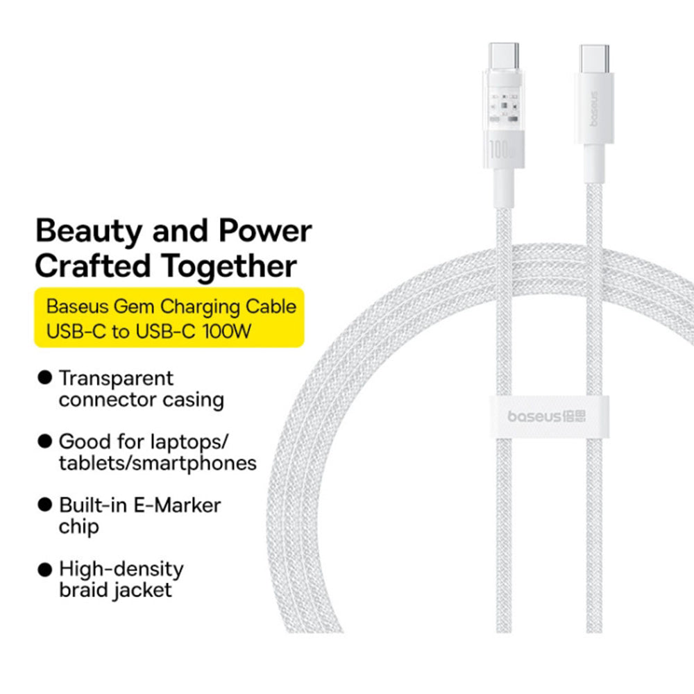USB-C - USB-C Baseus Gem -data- ja latauskaapeli, 100W, 2m, Valkoinen P10373000211-01
