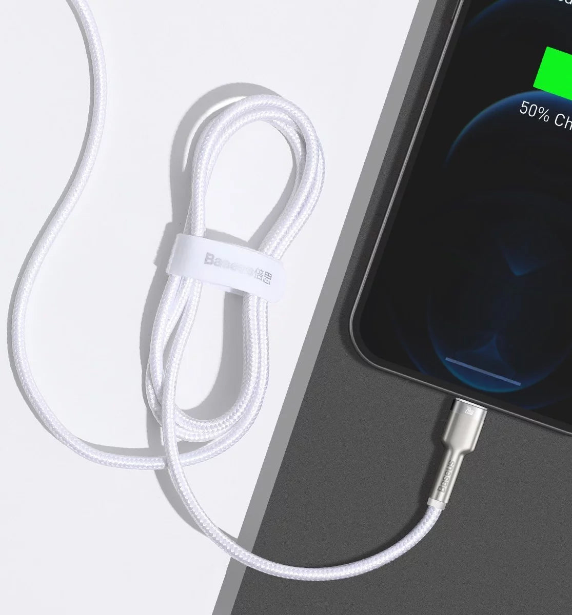 Tieto- ja latauskaapeli USB-C - Lightning Baseus Cafule Metal Series, 20W, 1m, valkoinen CATLJK-A02