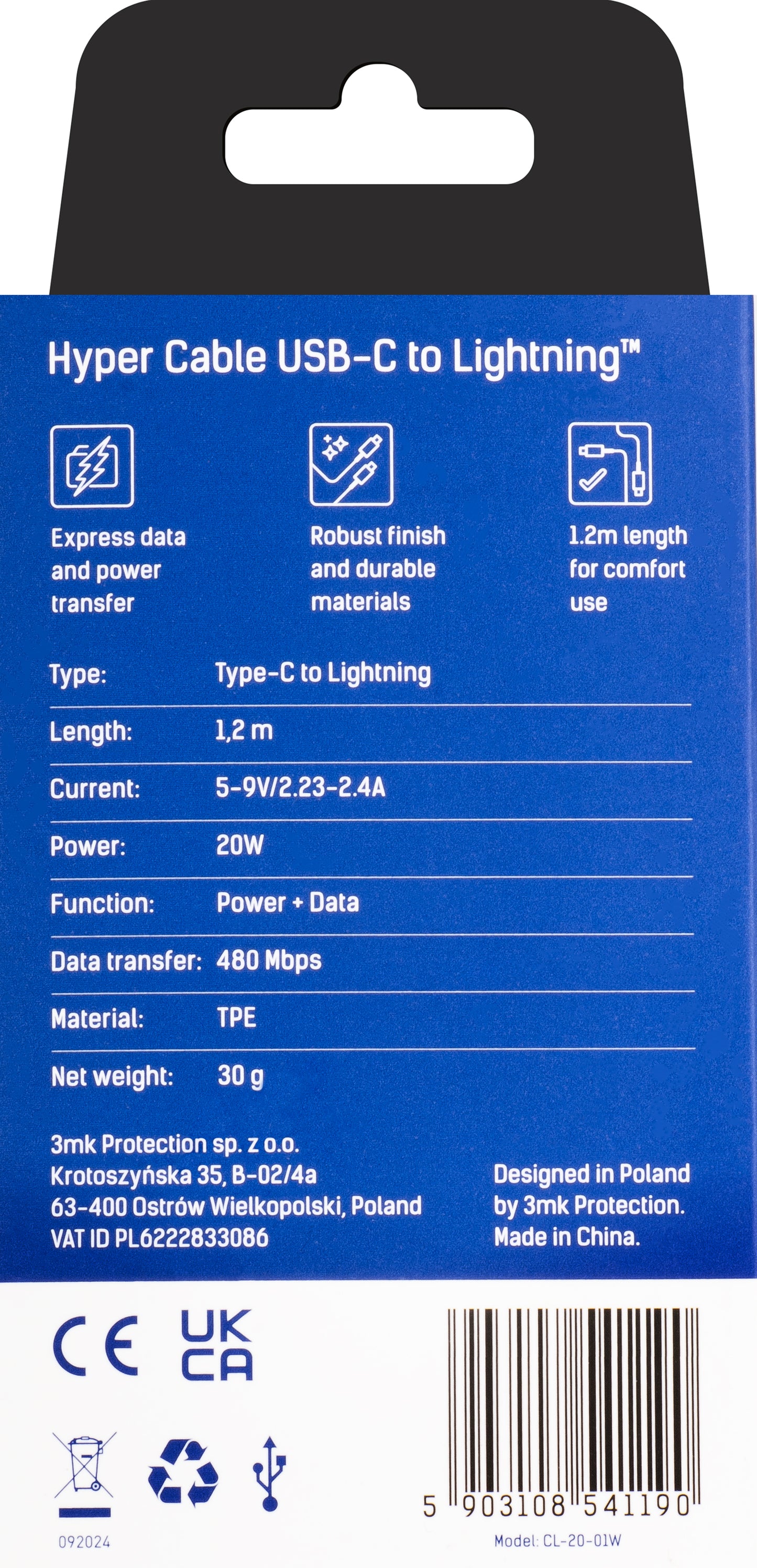 USB-C - Lightning 3MK Hyper -tietojen siirto- ja latauskaapeli, 20W, 1,2 m, valkoinen