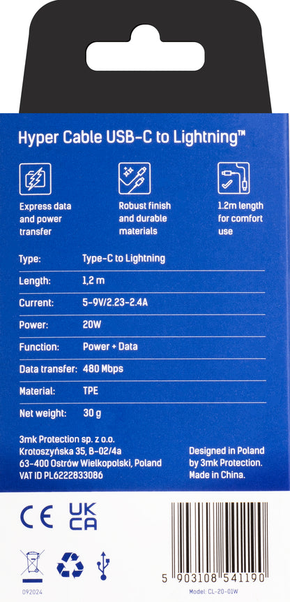 USB-C - Lightning 3MK Hyper -tietojen siirto- ja latauskaapeli, 20W, 1,2 m, valkoinen