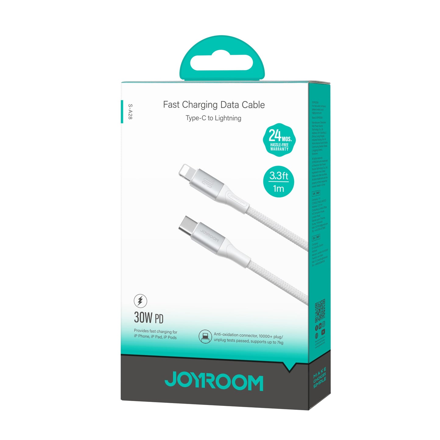USB-C - Lightning Joyroom S-A28 Flash -kaapeli, 30W, 1m, Valkoinen