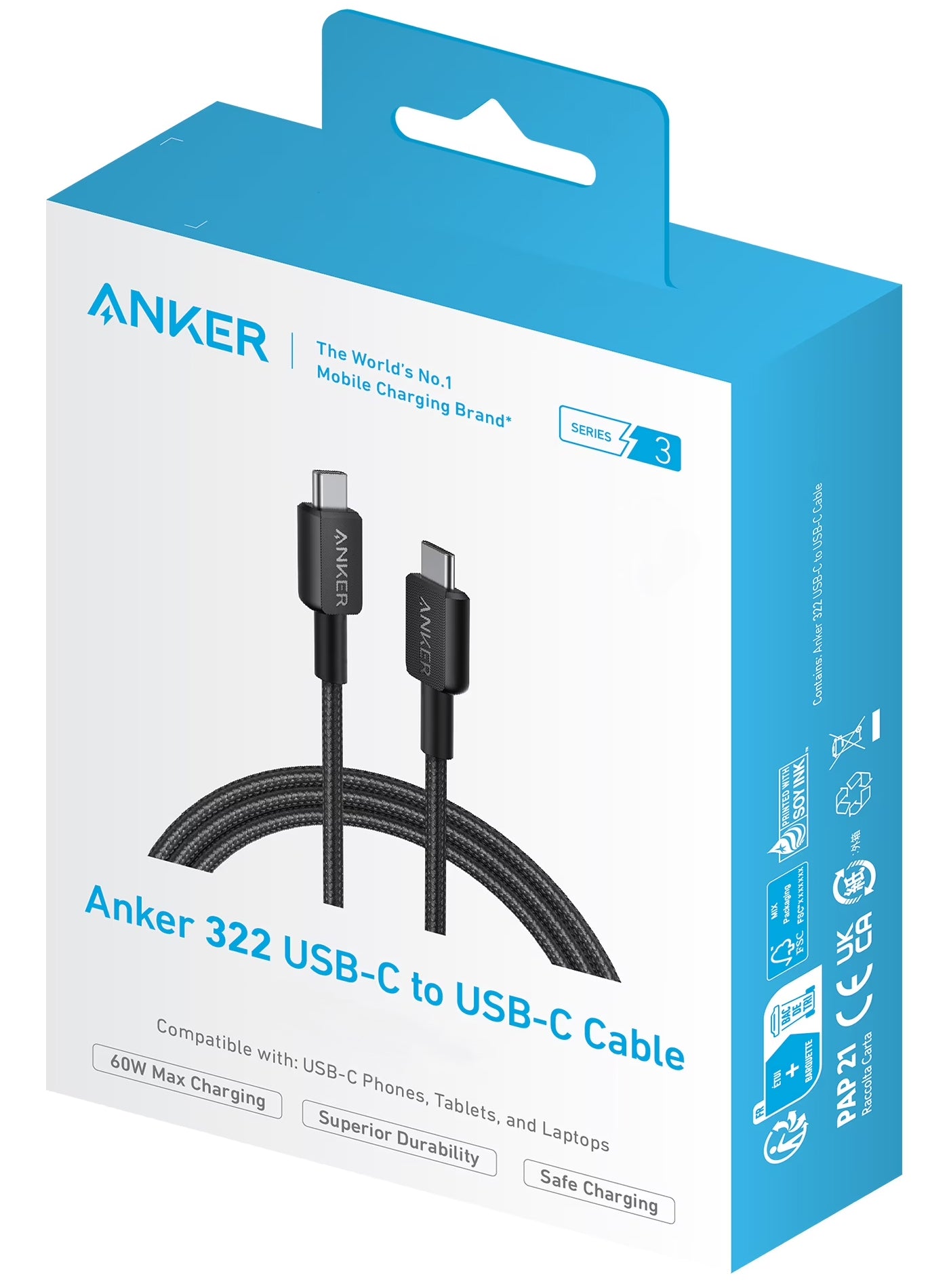 USB-C - USB-C Anker 322 data- ja latauskaapeli, 60W, 0.9m, Musta A81F5G11
