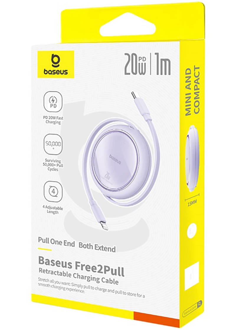 USB-C - Lightning -tietojen ja latauksen kaapeli Baseus Free2Pull Mini vedettävä, 20W, violetti P10364501511-00