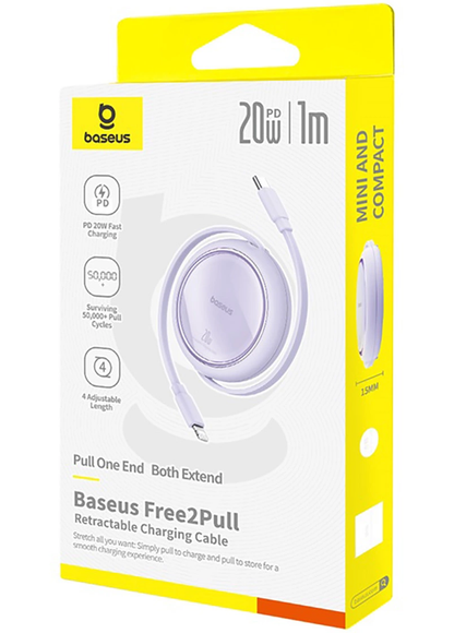 USB-C - Lightning -tietojen ja latauksen kaapeli Baseus Free2Pull Mini vedettävä, 20W, violetti P10364501511-00