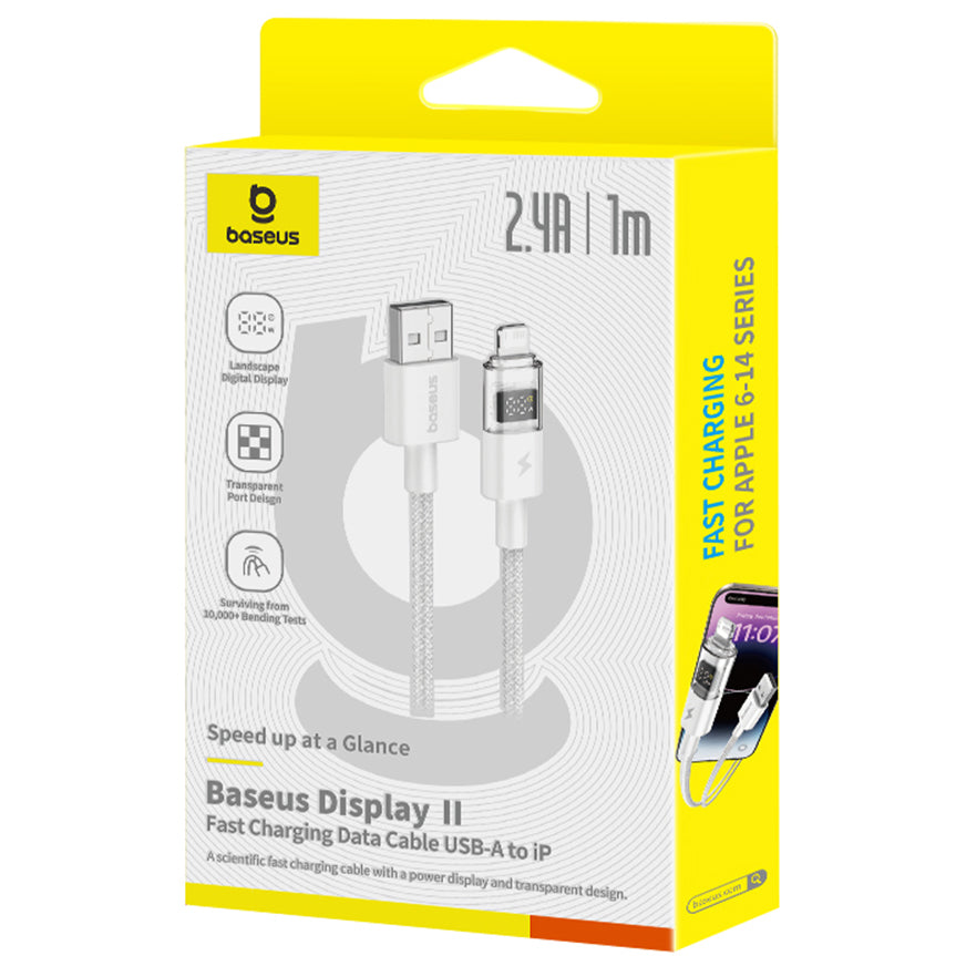 USB-A - Lightning Baseus Display 2 -data- ja latauskaapeli, 18W, 1m, Valkoinen P10382700211-00