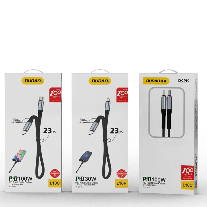 USB-C - USB-C Dudao L10C -data- ja latauskaapeli, 100W, 0.23m, Musta